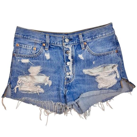 LEVIS 501 Button Fly Coastal Cowgirl Summer Grunge Festival Shorts Raw Hem 29" - Picture 2 of 11